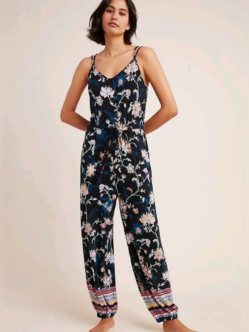 Anthropologie Luka Jogger Jumpsuit Sz XS Black Floral Boho Relaxed Stretchy